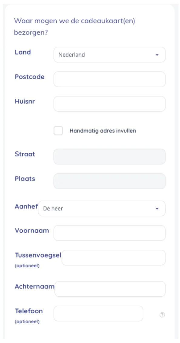 Voorbeeld mobiele formulier van cadeauwinkel in Nederland